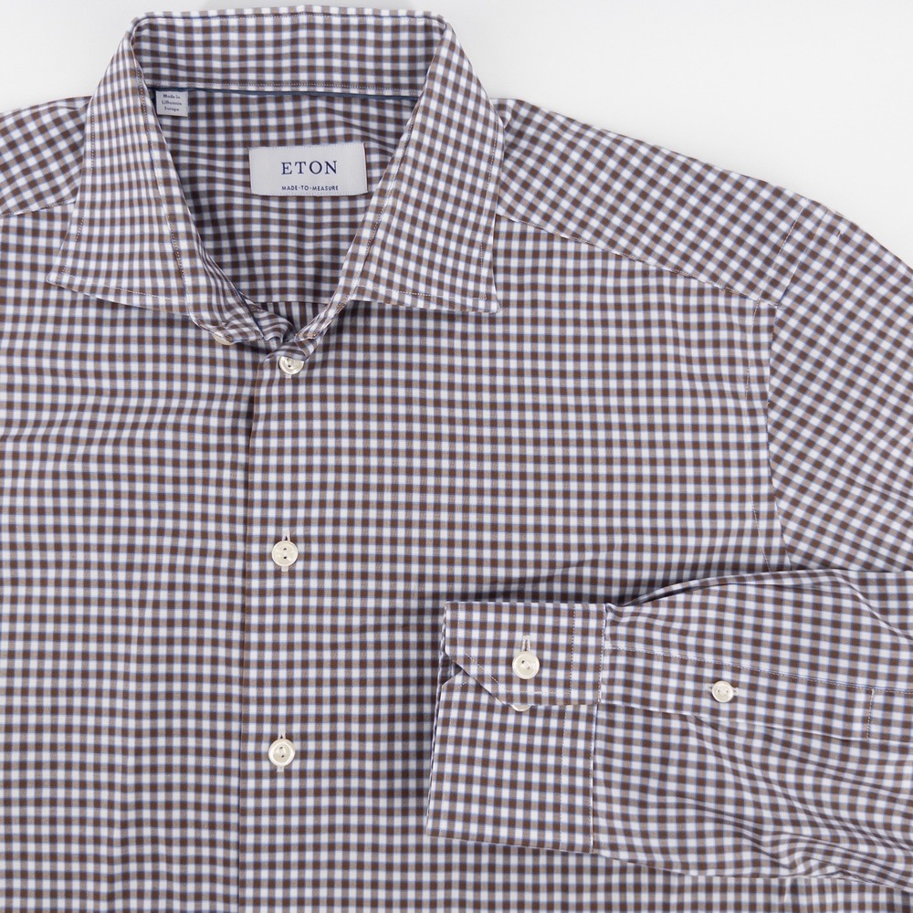 Eton Made-to-Measure Mens Large Dress‎ Shirt Brown Gingham Check Cotton Luxury